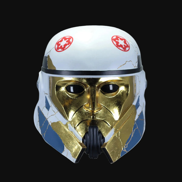 A Star Wars themed cracked white, gold, and blue Imperial stormtrooper helmet, shown against a plain white background.