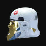 A white and gold cracked-finish helmet inspired by Stormtrooper armor, featuring a red Star Wars Galactic Empire insignia on the forehead, a gold visor, and blue markings on the cheek, shown against a plain white background.