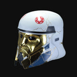 A Star Wars Undead Stormtrooper helmet with a cracked white finish, gold visor, and red Imperial crest, shown on a plain white background.