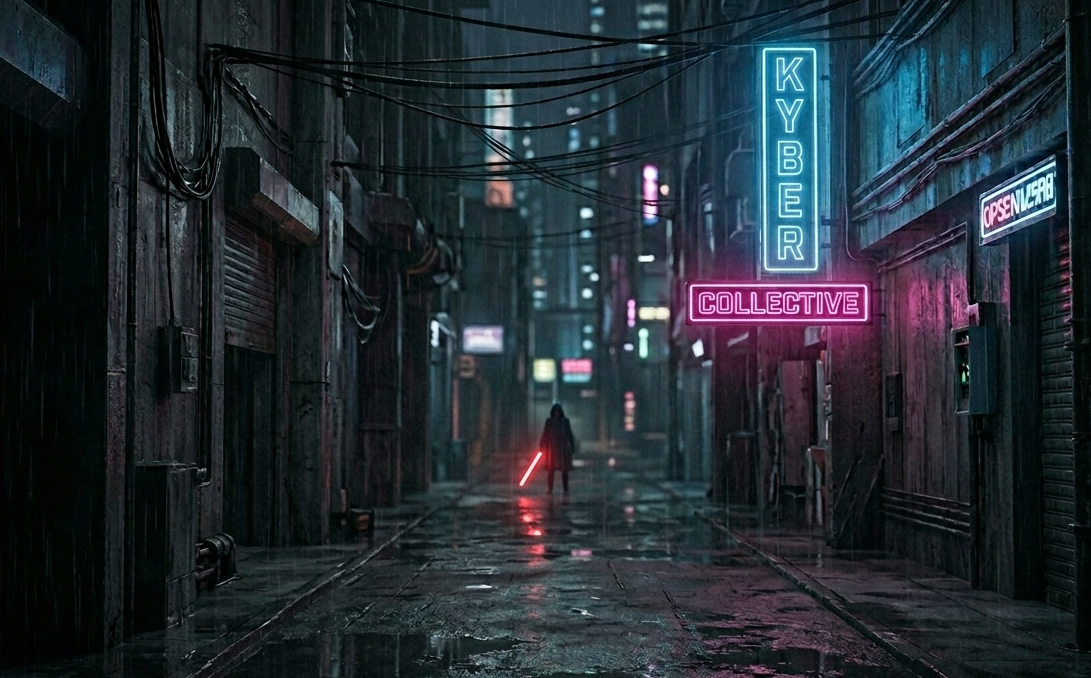 Dark, futuristic city street with neon signs and a lone figure holding a red light saber.