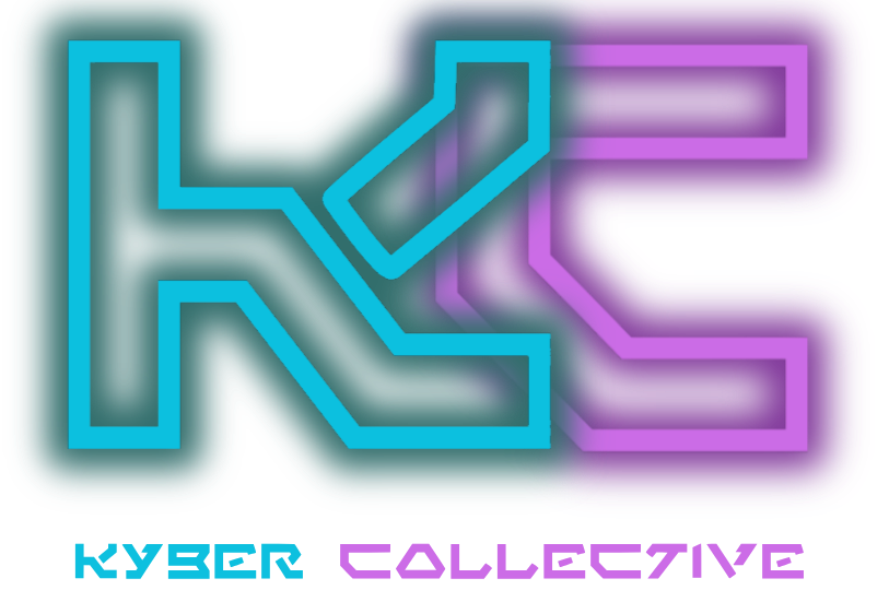 Neon blue and pink logo with 'Kyber Collective' text on a white background