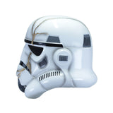 A white Stormtrooper helmet with black visor details.