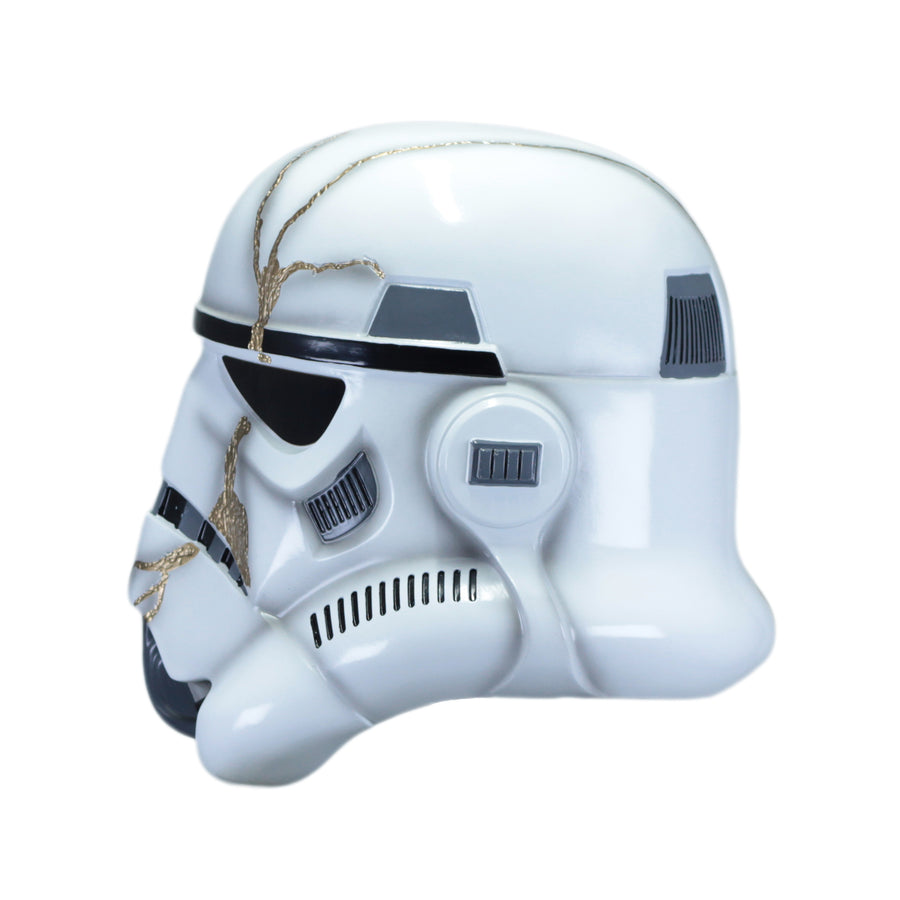 A white Stormtrooper helmet with black visor details.