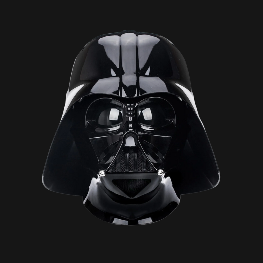 A glossy black Darth Vader helmet-.